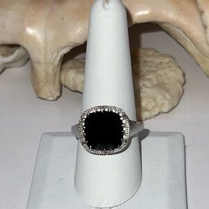 Faceted Large Black Spinel Surrounded By Clear Diamonds Size 9, 925 Never Worn!